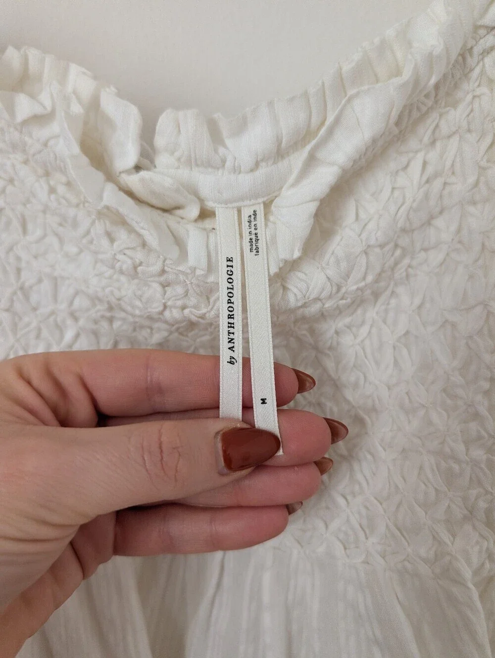Anthropologie White Cotton Smocked Shirred Button Down Cropped Babydoll Top